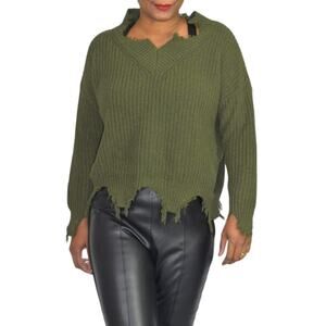 Seek the Label Distressed Sweater Olive Green Ribbed Knit Pullover Size Medium